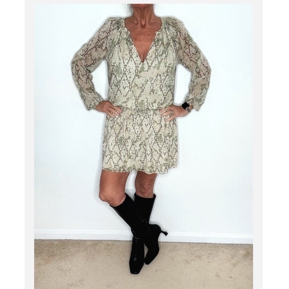 Ramy Brook Anika Dress Snake Print Long Sheer Sleeve Shirred Drop Waist Size M